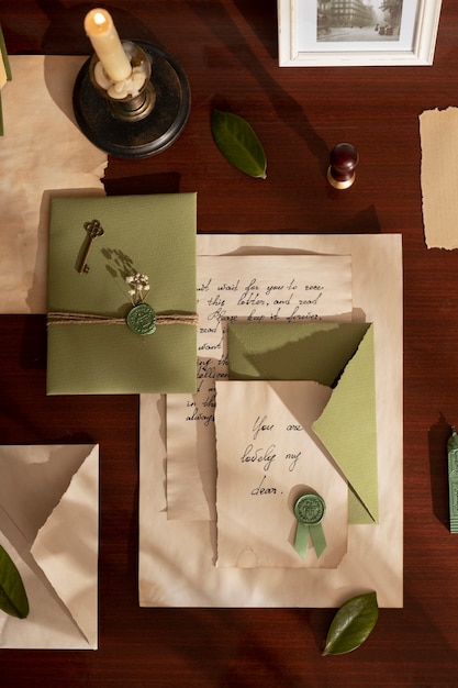 Gratis foto stilleven van vintage schrijven van een liefdesbrief