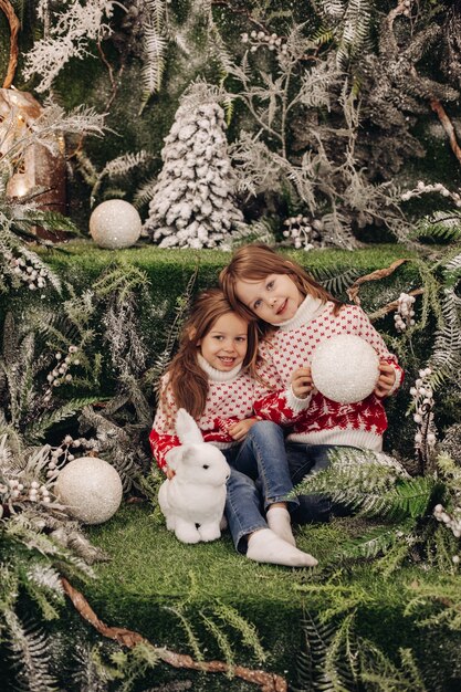 Stockfoto van schattige kleine brunette zusjes in zowel rode als witte truien met winterpatroon die kerstspeelgoed vasthouden en naar de camera glimlachen. Omgeven door kerstversiering.