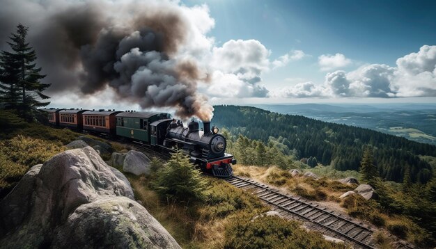 Stoomlocomotief tuft door bergachtig boslandschap gegenereerd door AI