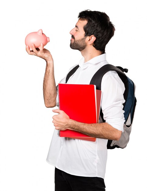 Student man met een piggybank