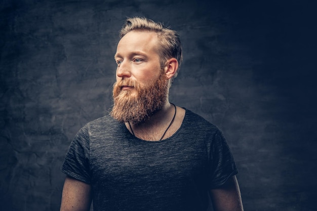 Studio portret van blauw eyed roodharige bebaarde hipster man op grijze achtergrond.