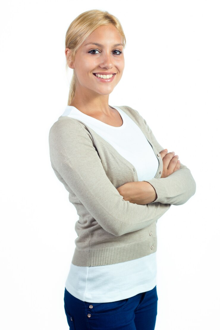 Studio Portret van mooie jonge vrouw poseren met wit scherm