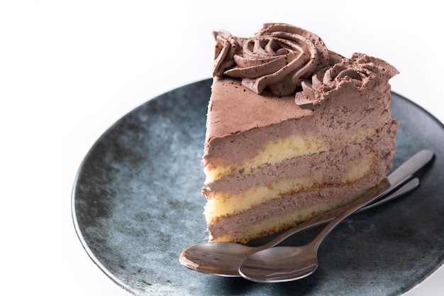 Stuk van chocolade truffel cake geïsoleerd op een witte achtergrond
