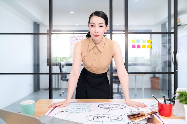 Succesvol leiderschap, slimme, aantrekkelijke aziatische vrouw die werkt met een zelfverzekerde en vrolijke glimlach op een kantoorachtergrond