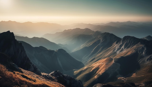 Sunrise-wandelavontuur naar majestueuze bergtop gegenereerd door ai