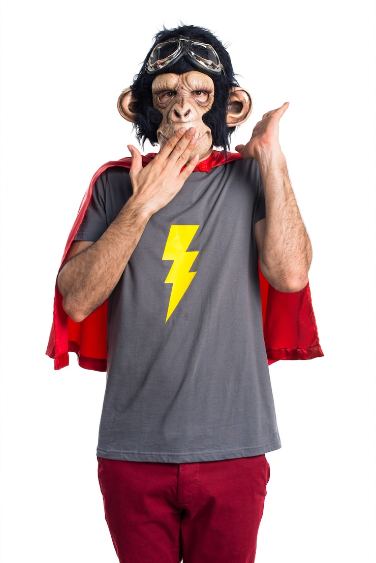 Gratis Foto superhero monkey man doet verrassingsgebaar