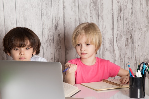 Superleuke jongens in roze en witte t-shirts met grijze laptop op tafel