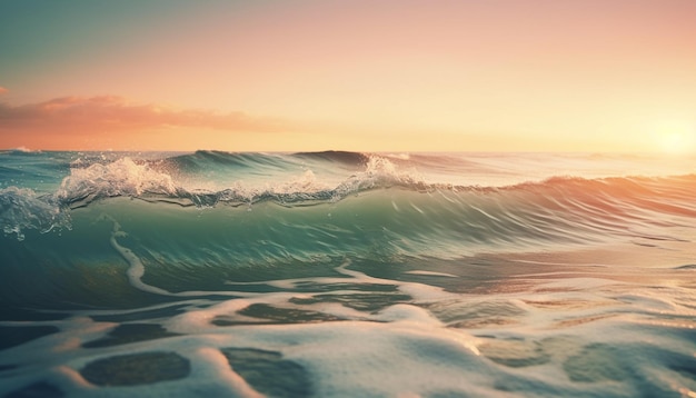 Surfen bij zonsondergang majestueuze schoonheid in beweging gegenereerd door AI
