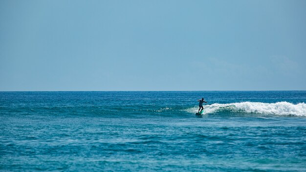 Surfer op een blauwe golf.