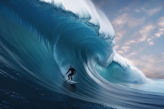 Surfer op grote Blue Ocean Wave Ai generatief