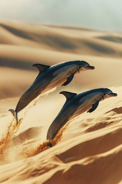 Surrealistische weergave van een dolfijn in de woestijn.