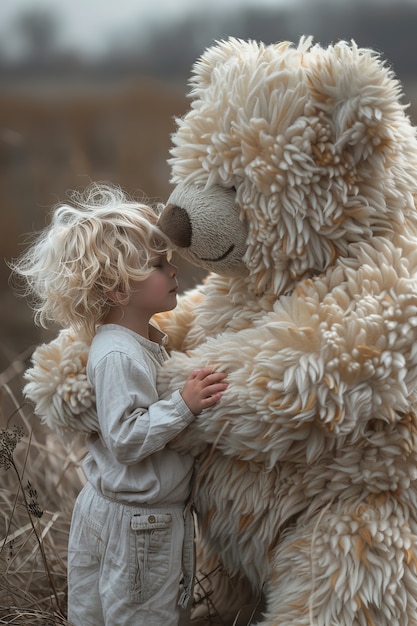 Gratis foto surrealistische weergave van een kind dat springt met een reusachtig knuffeltje.