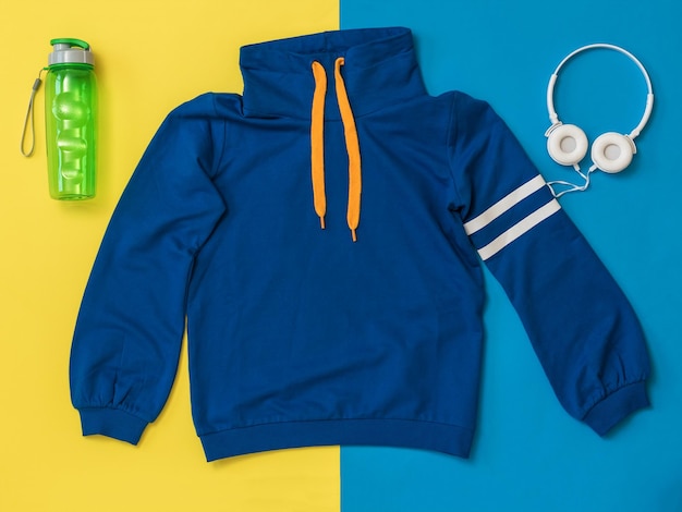 Sweatshirt, koptelefoon en waterfles op een gele en blauwe achtergrond. sportieve lifestyle accessoires.