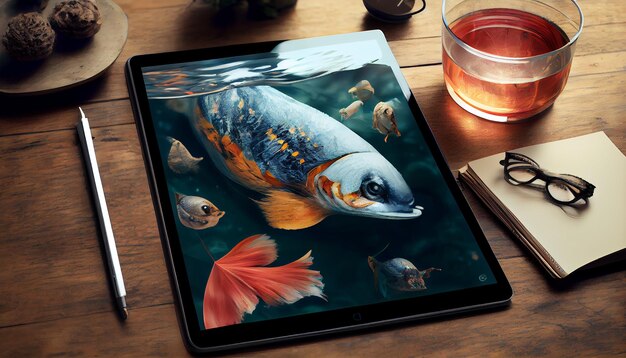Gratis foto tablet met sealife in generatieve ai op de werkplek