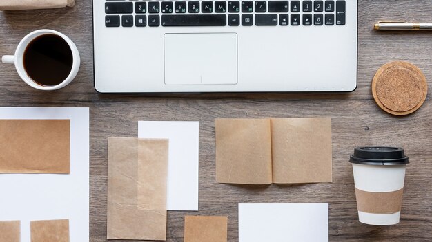 Tafel met lifestyle-dingen. Laptop, twee kopjes koffie, decoratiepapier met houten tafel. Bovenaanzicht