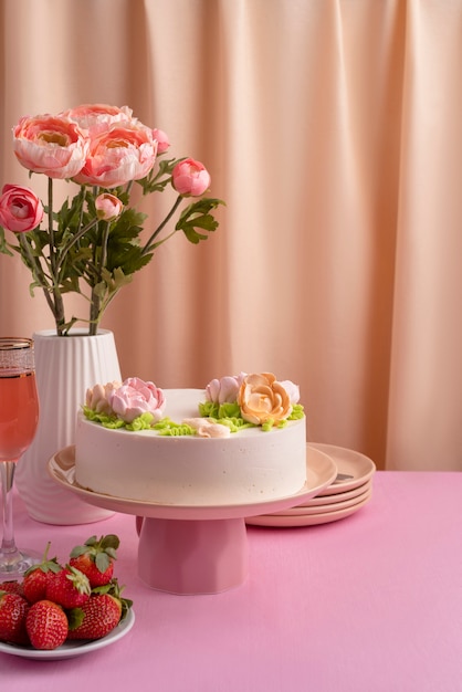Tafelarrangement voor verjaardagsevenement met cake en aardbeien