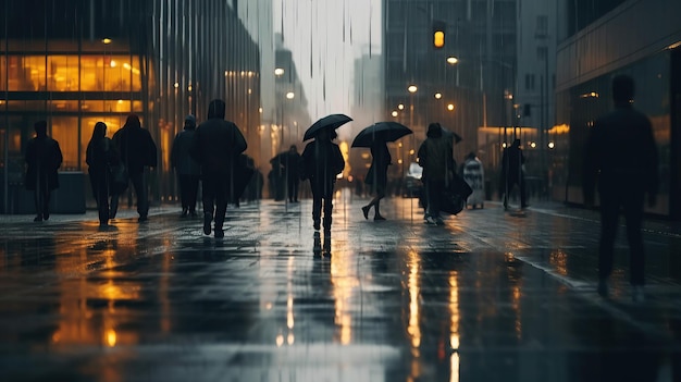 Te midden van regenachtig weer vervagen de silhouetten terwijl ze over de straat navigeren.