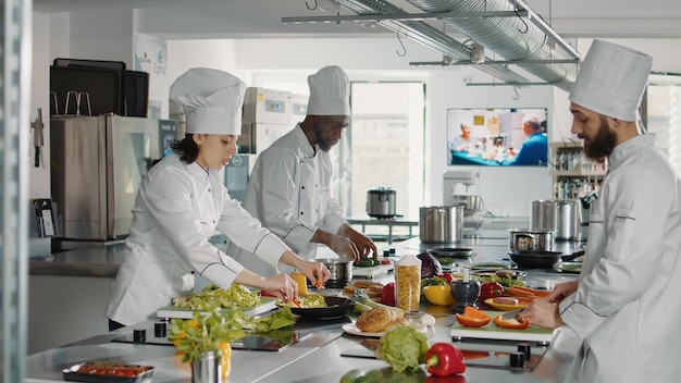 Team van koks die groenten op snijplank snijden voor maaltijdbereiding in restaurantkeuken. Man en vrouw koken gastronomische schotel met biologische ingrediënten, werken aan culinaire recept.