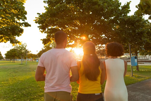 Team van vrienden die zonsondergang in stadspark bekijken