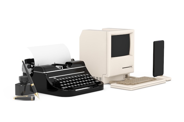 Technologie evolutie concept. vooruitgang van oude vulpen met inktfles, via retro typemachine en personal computer naar mobiele telefoon op een witte achtergrond. 3d-rendering