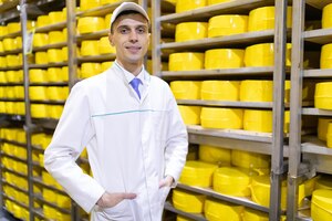 Technoloog in een witte jas is in het pakhuis van kaas in de winkel voor de productie van boter en kaas het productieproces in de fabriek van zuivelproducten rekken met kaas