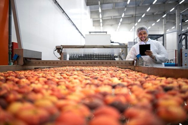 Technoloog in voedselverwerkende fabriek die de productie van biologisch appelfruit controleert.