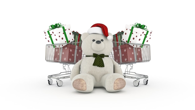 Teddybeer met kerstmuts en winkelwagen 3d-rendering