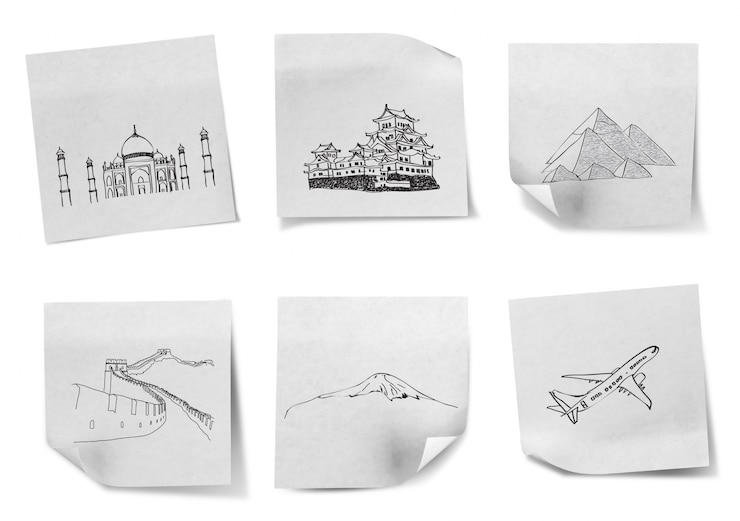 Gratis Foto tekening reizen rond de wereld op een witte notitieblaadjes (japan, ind
