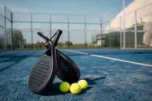 Gratis foto tennis peddels en ballen arrangement