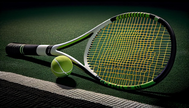 Tennisbalracket en schaduw op groen gras gegenereerd door AI