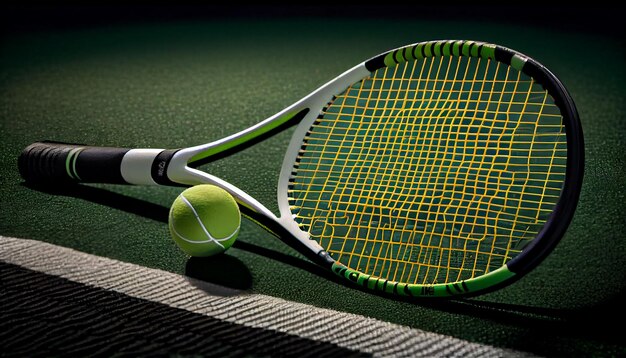 Tennisbalracket en schaduw op groen gras gegenereerd door AI