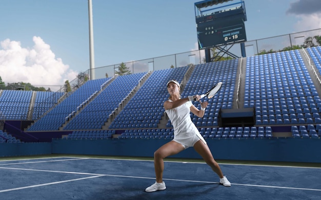 Tennismeisje op een professionele tennisbaan