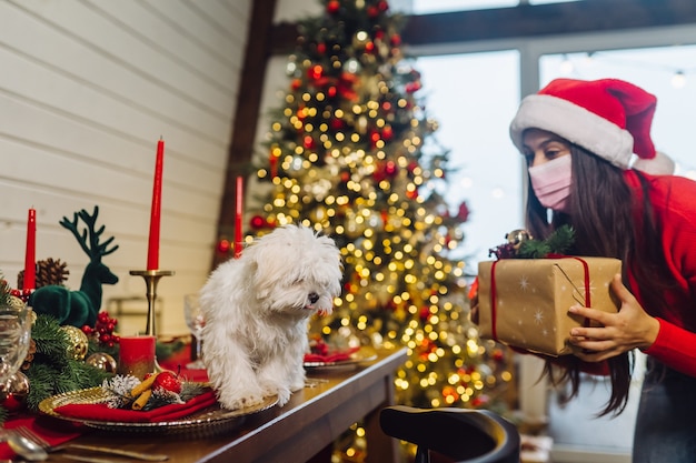 Terriër op een kersttafel, een meisje staat naast en houdt een cadeautje vast