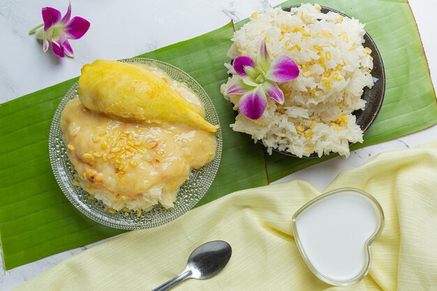 Thaise zoete kleverige rijst met durian in een dessert.