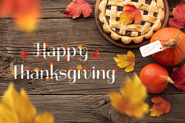 Thanksgiving day banner met pompoenen en taart