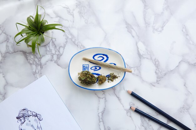 THC CBD Marihuana joint en bloemen op asbak met naaktillustratie op tekenblok