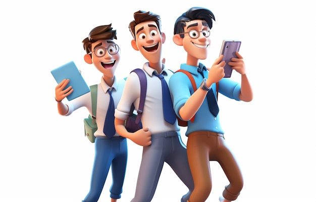 Gratis foto tieners cartoon personages met behulp van telefoon