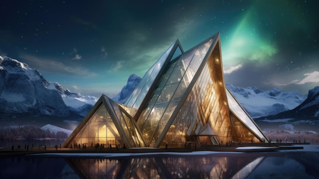 Gratis foto toekomstige houten architectuur stad sneeuwbergen aurora borealis gletsjer