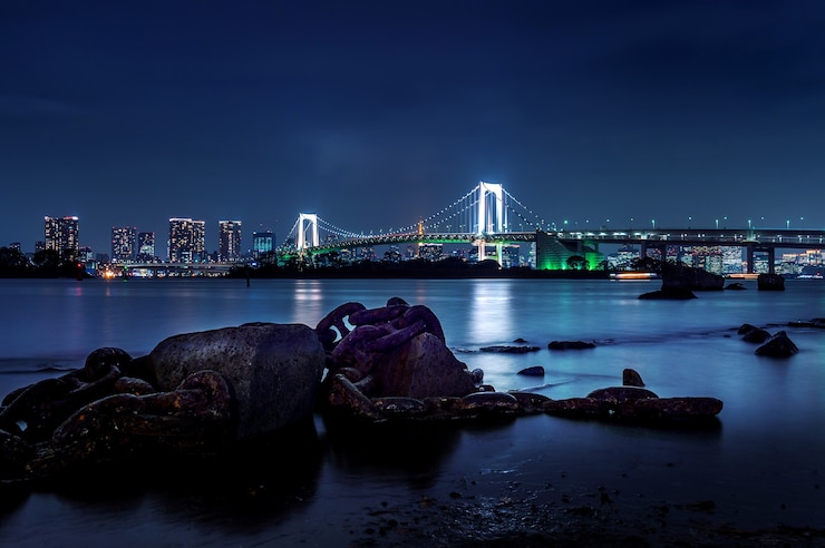 Gratis Foto tokyo skyline met rainbow bridge en tokyo tower. tokio, japan.