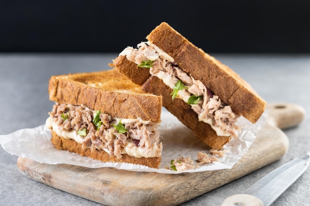 Tonijnsandwich met mayo en groenten op grijze steenachtergrond