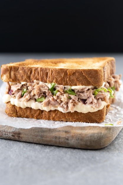 Tonijnsandwich met mayo en groenten op grijze steenachtergrond