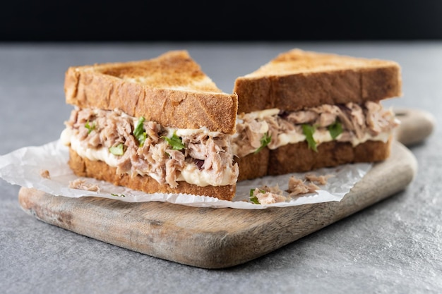 Tonijnsandwich met mayo en groenten op grijze steenachtergrond