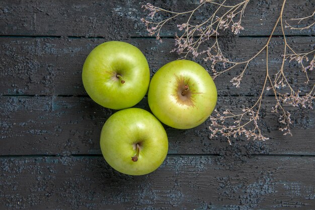 Top close-up weergave groene appels drie smakelijke appel naast boomtakken in het midden van grijze tafel