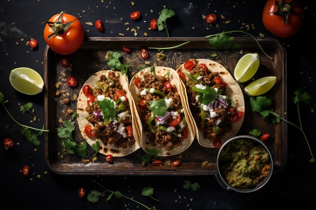 Gratis foto top uitzicht over heerlijke taco's in rij