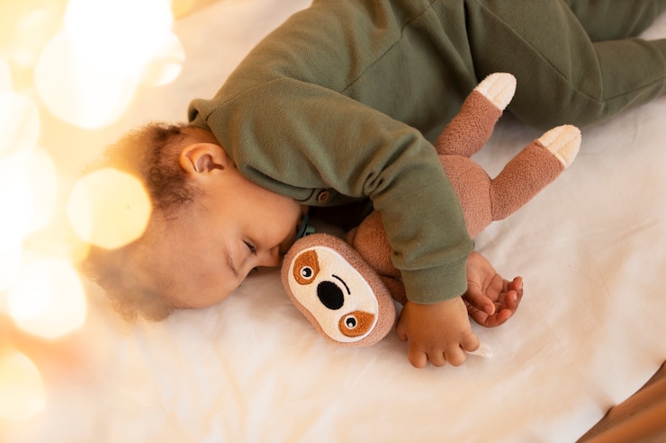 Gratis Foto top view baby met knuffeltje
