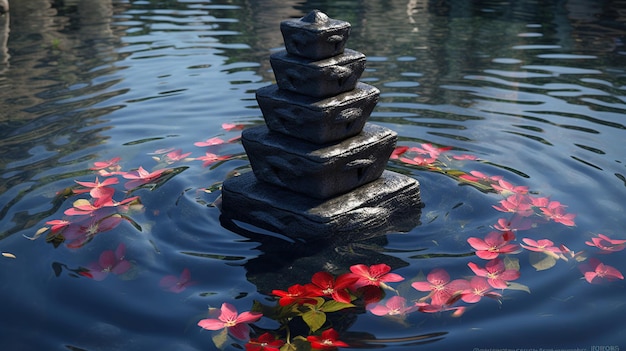 Toren zwarte steen en hibiscus met bamboe Ai Generated Image