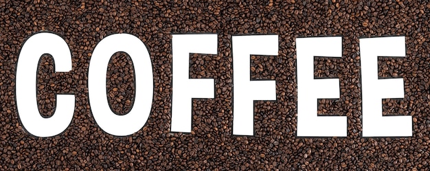 Transparant woord koffie op een achtergrond van koffiebonen mockup voor reclame