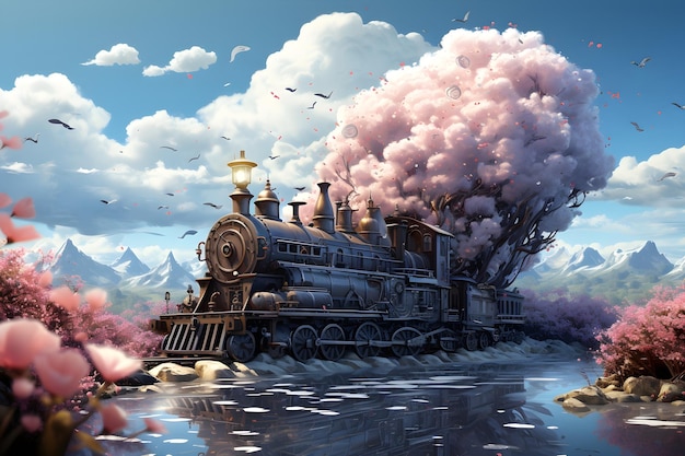 Gratis foto trein op spoorweg landschap landschap illustratie