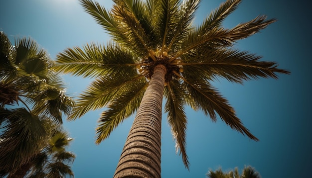 Tropische palmbomen zwaaien in het zonlicht dat wordt gegenereerd door AI