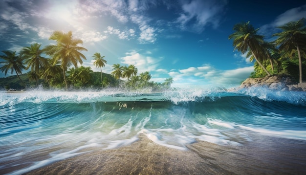 Tropische palmboom zwaait langs de waterkant gegenereerd door AI